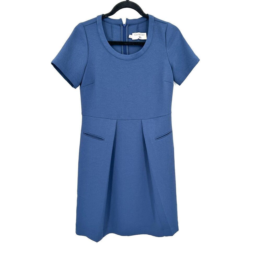 COTELAC Blue Pleated Round Neck Short Sleeve Back Zip Mini Dress Size 0
